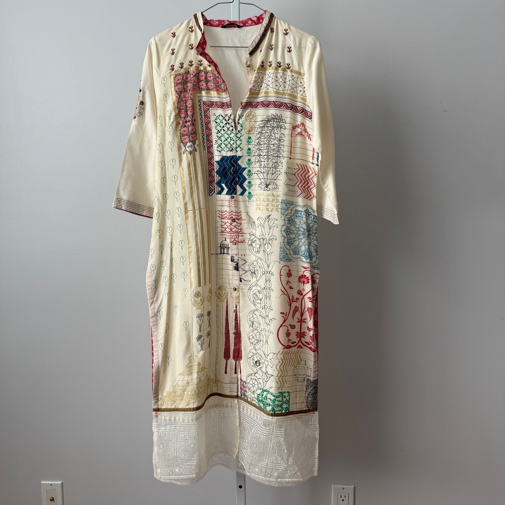 Wishful by W sz 10 Cream Multi Print Kurta Tunic Dress‎ Lagenlook Boho